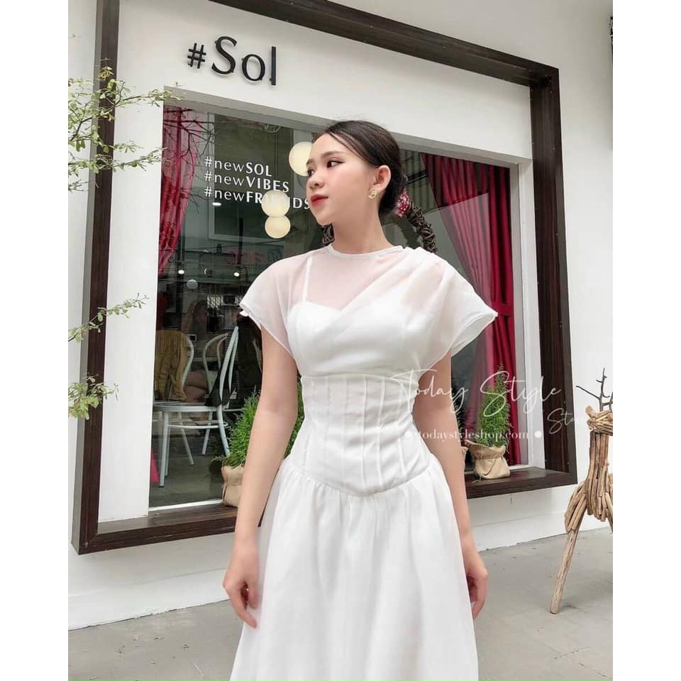 ĐẦM MiDI TRẮNG BO EO XẾP LY PHỐI VOAN TAY CÁNH TIÊN(Hàng sẵn tại shop)