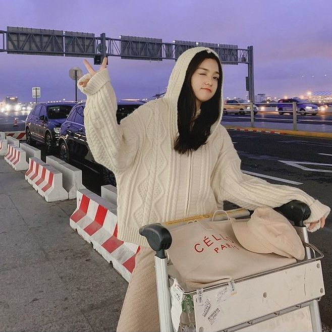 Áo Khoác Cardigan Dệt Kim Có Mũ Trùm Dáng Rộng Cho Nữ