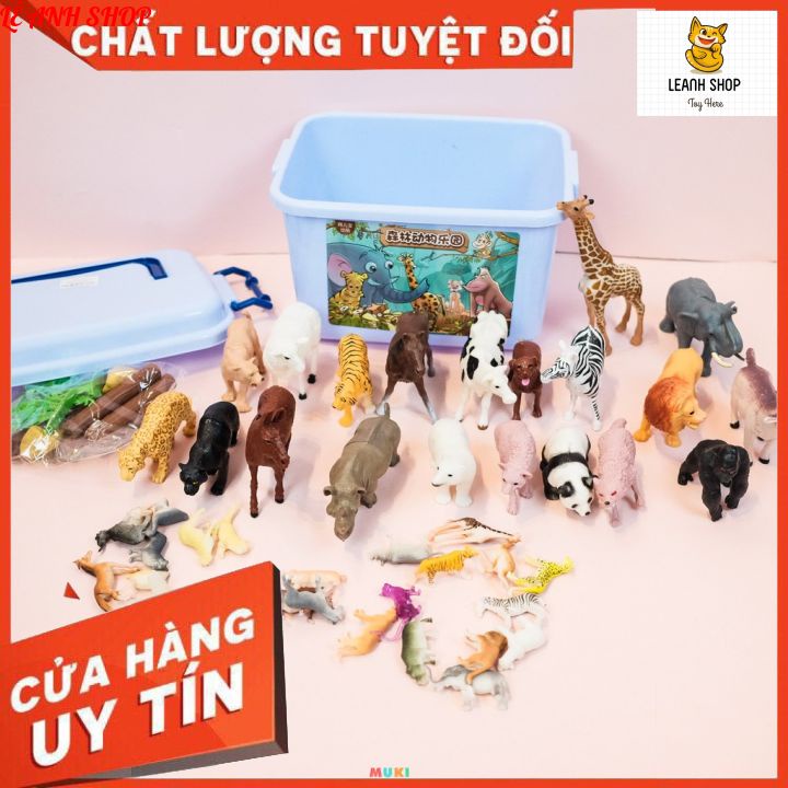 Bộ đồ chơi mô hình động vật và cây cối 58 chi tiết có hộp đựng ,Đồ chơi mô hình con vật cho bé khám phá thếhình