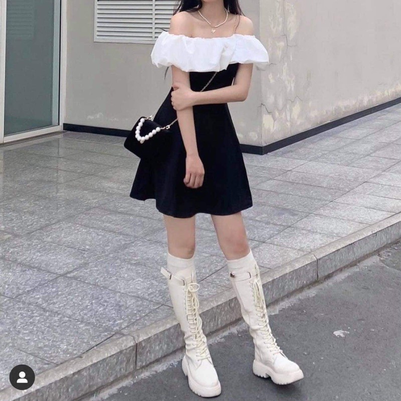 Váy trễ vai phối đen trắng TTB865 | BigBuy360 - bigbuy360.vn