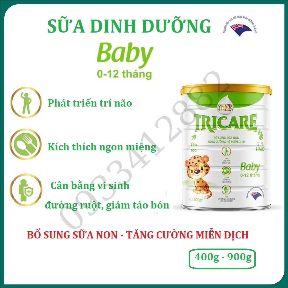 Sữa bột nguyên kem Baby Tricare hộp 400-900g, giúp phát triển trí não, cân bằng hệ vi sinh đường ruột cho bé