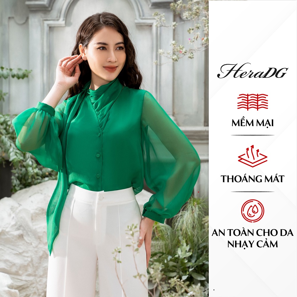 Áo sơ mi dài tay HeraDG thiết kế cổ buộc dây nhún ly cách điệu, chất liệu tơ cao cấp mịn nhẹ, không bai xù SAKBB6012