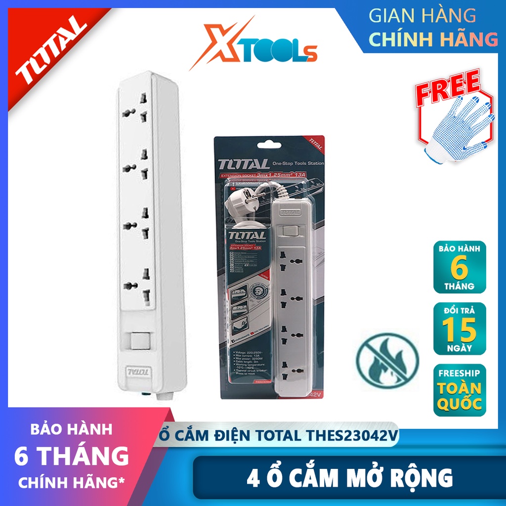 Ổ cắm điện TOTAL THES23042V ổ cắm 3 chấu 4 ổ cắm mở rộng, Dòng điện tối đa 13A, Dây điện 3 mét 3*1.25mm2 lỗ cắm có màng