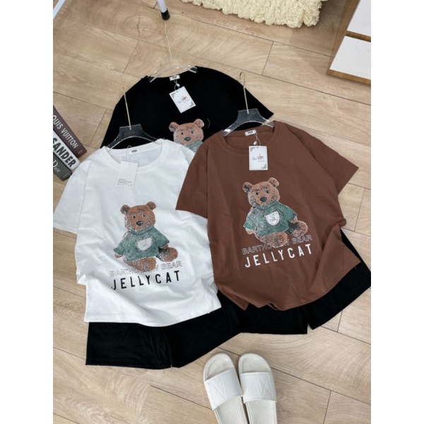 Set đồ nữ gau xanh gồm áo thun tay lỡ phom thụng rộng mix quần short đùi chất kaki mềm co giãn freesize dưới 55kg