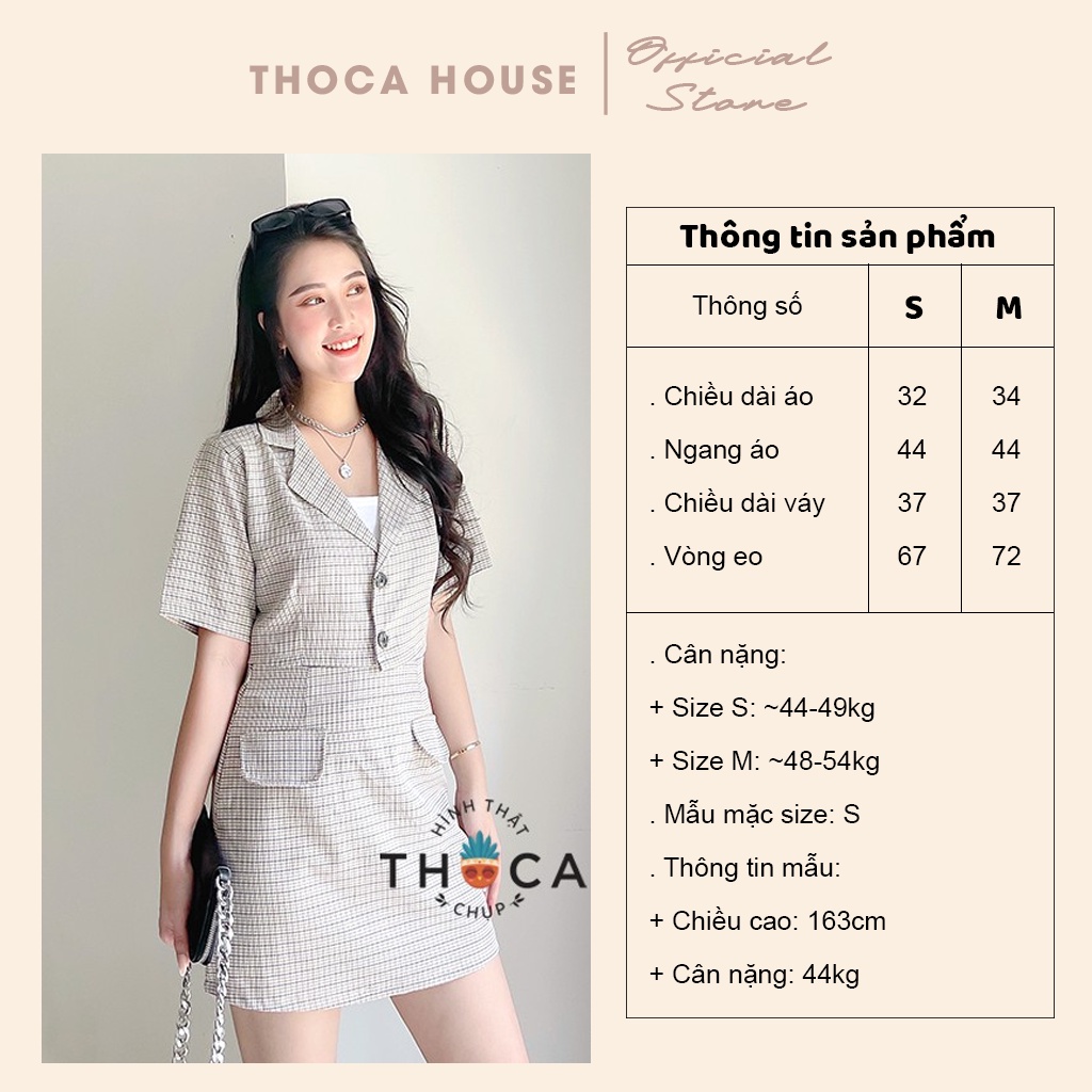 Set áo vest croptop tay ngắn phối chân váy caro kem THOCA HOUSE thanh lịch công sở, sang trọng dự tiệc