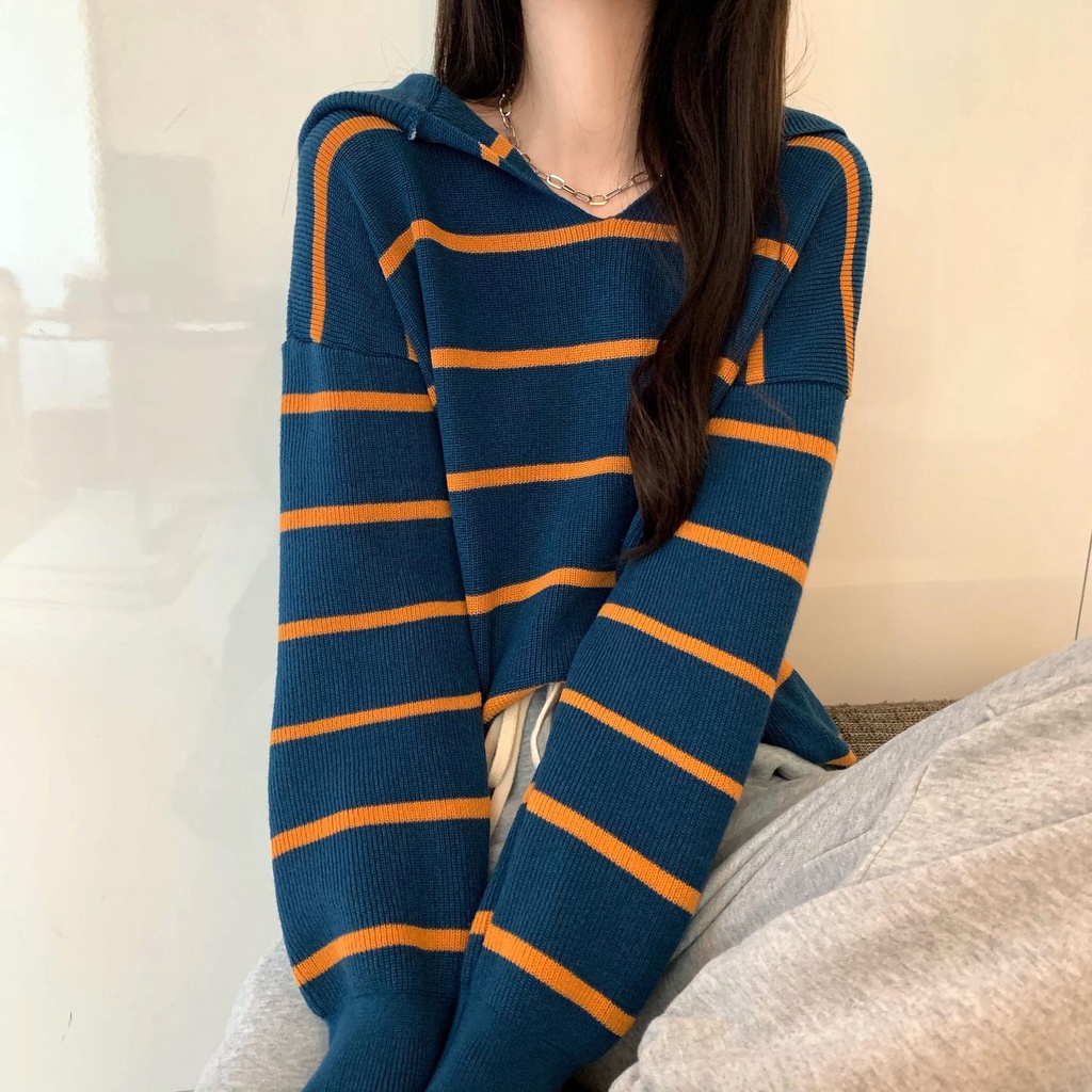 Áo len Zhelihangfei tay dài cổ thủy thủ họa tiết kẻ sọc dáng rộng dễ phối đồ