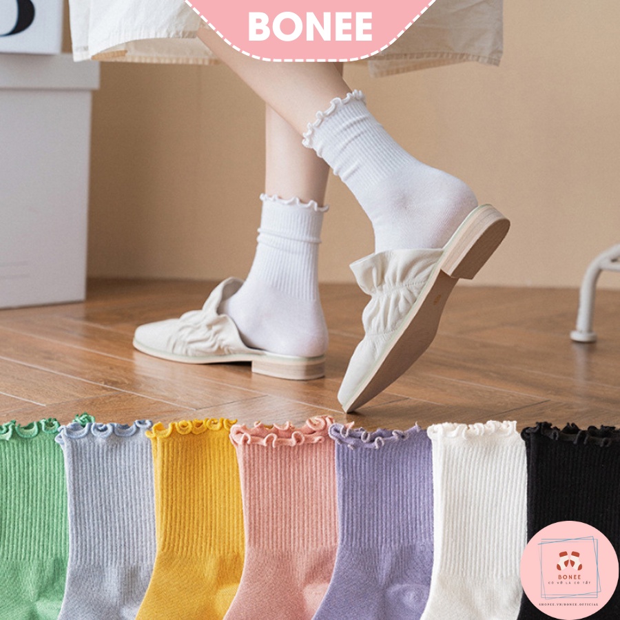 Tất cổ cao nữ bèo nhún vải hàn dệt kim vintage , vớ nữ cao cổ viền bèo dáng nhún BONEE