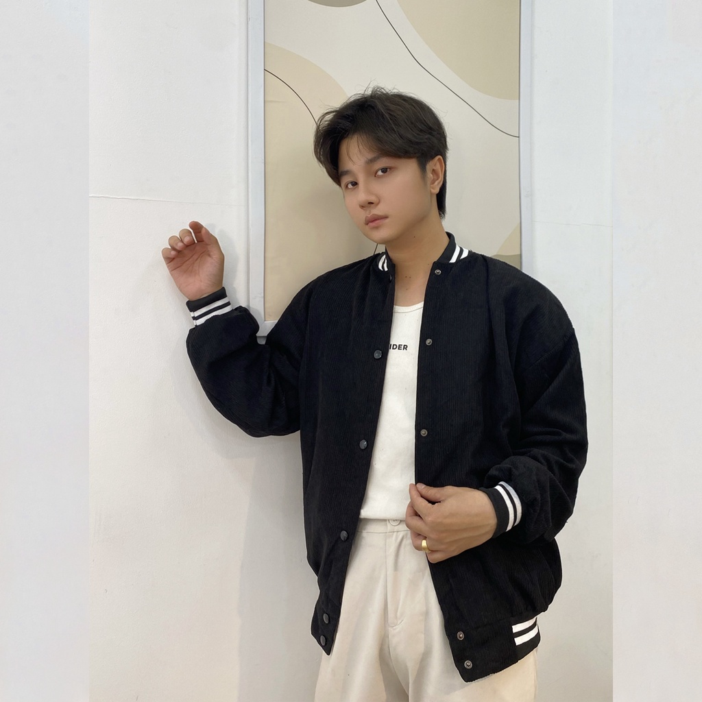 Áo khoác nam bomber nhung tăm nỉ đẹp 2 lớp form rộng bóng chày cao cấp M Fashion BB01