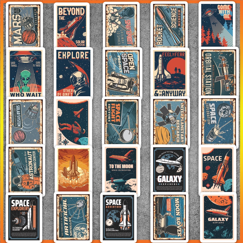 Set 52 cái Sticker Vintage Retro Space chống nước, hình dán vũ trụ phi hành gia, decal space cute dán laptop, vali