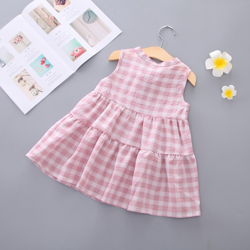 Đầm không tay kẻ caro chất cotton thời trang cho bé gái