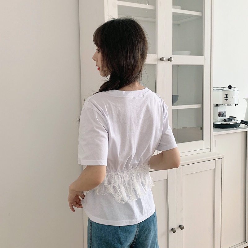 SUXI Áo Thun Nữ Ngắn Tay Phối Ren Thời Trang