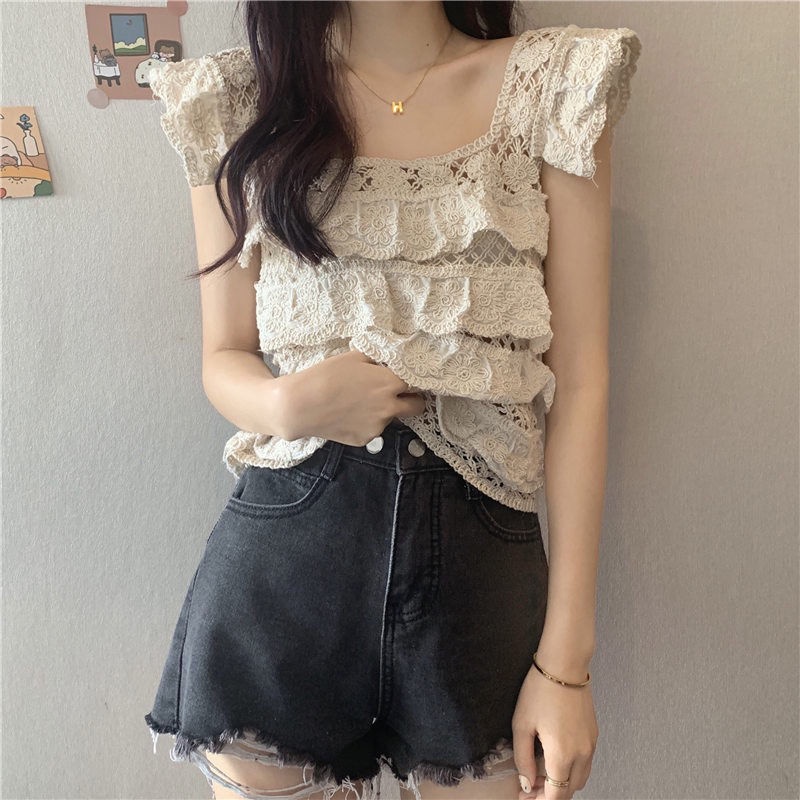 Áo Kiểu Cổ Vuông Viền Ren Tay Ngắn Thiết Kế Rỗng Dễ Phối Đồ Thời Trang Mùa Hè Phong Cách Mới Cho Nữ