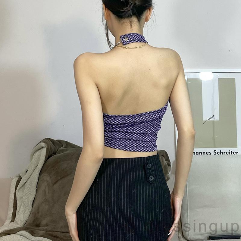 Áo Tank Top Hai Dây Rút In Họa Tiết Sọc Caro Cho Nữ