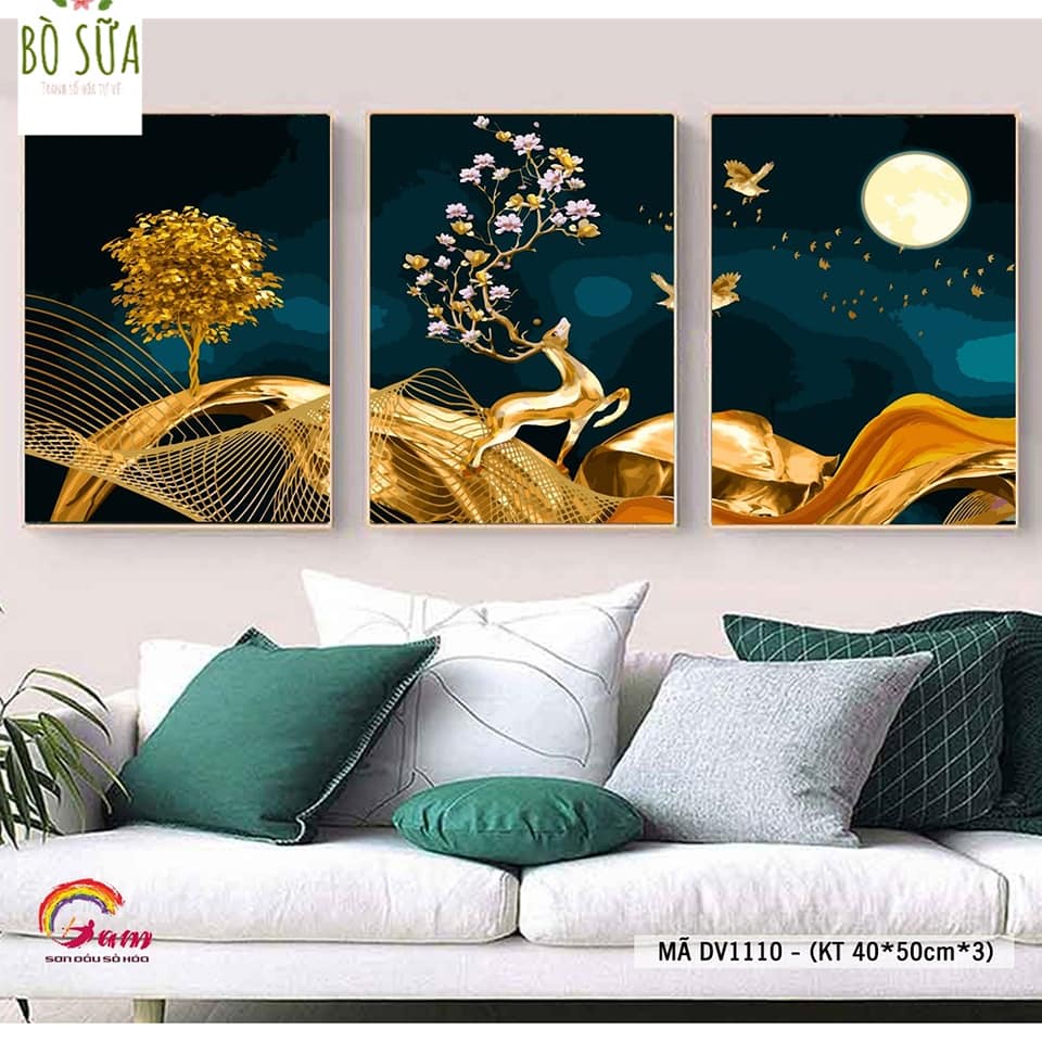 Tổng hợp các mẫu tranh Bộ 3 bức Tranh sơn dầu số hóa tự vẽ đã căng khung và đầy đủ phụ kiện size 40x50cm