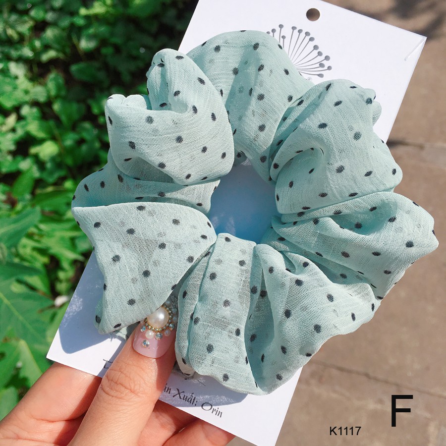 Buộc tóc, cột tóc vải scrunchies chiffon chấm bi siêu đẹp Orin K1117