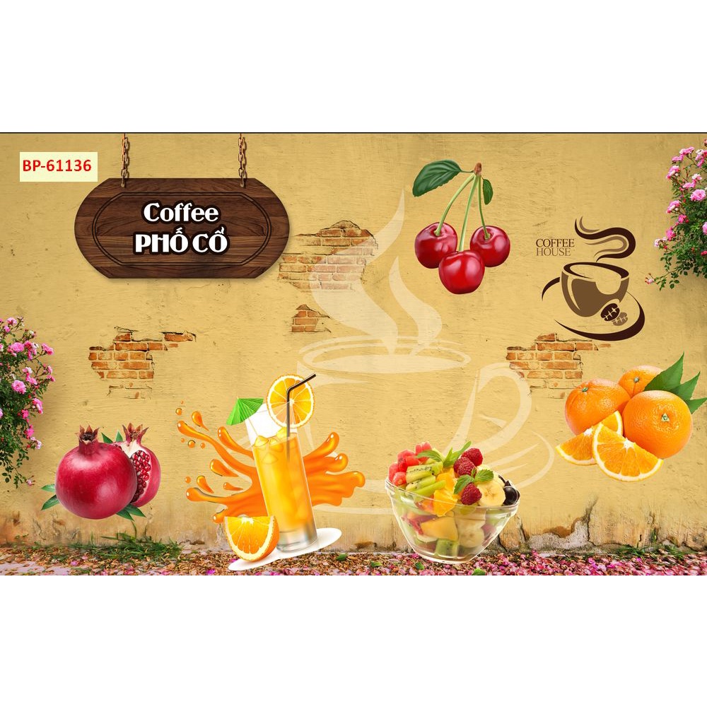 Tranh dán tường Quán Cafe, Trà Sữa, Trang Trí Cửa Hàng 3D tặng keo và dụng cụ dán