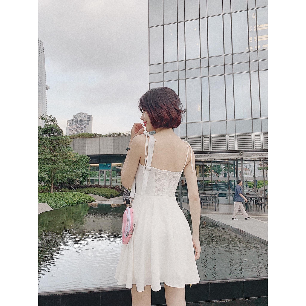 Đầm/Váy 2 Dây Thắt Nơ Vai Lưng Chun, Váy Xoè Hai Dây Chun Lưng