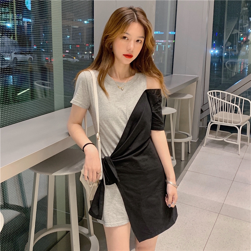 SUXI Đầm Thun Tay Ngắn Phối Dây Thắt Thời Trang Mùa Hè Cho Phái Nữ