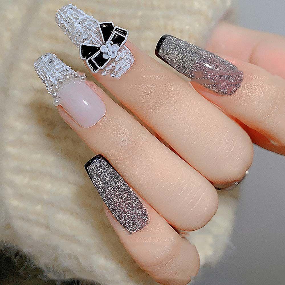 Phụ Kiện Trang Trí Móng Tay Hình Nơ Màu Trắng Đen Sang Trọng