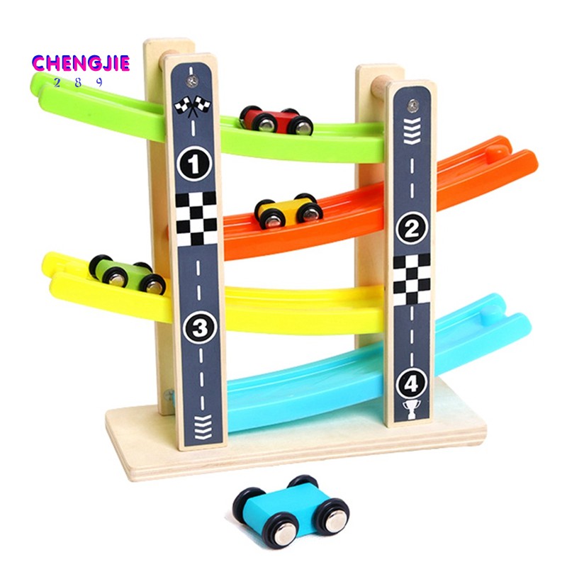 Children Wooden Track Glider Inertia Game Toys Kids Four-Layer Track Pulley Slide Car Building Kits Baby Funny Toy C44