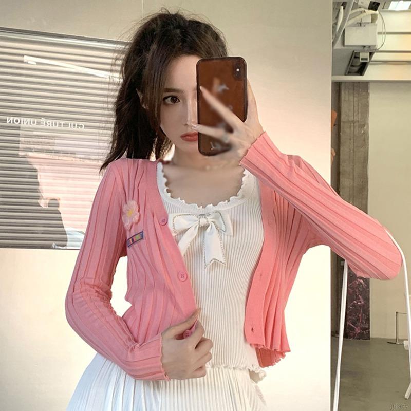 Áo cardigan dệt kim dài tay cổ chữ v màu sắc ngọt ngào thời trang hàn quốc dành cho nữ