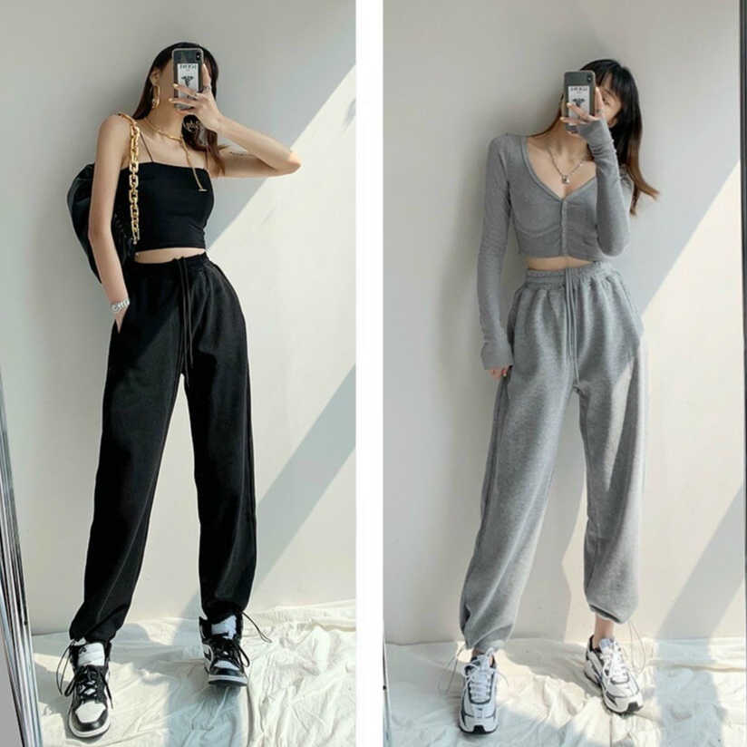 Quần nỉ nữ bo gấu ống rộng dây rút chất vải da cá dày dáng quần jogger nỉ nữ cạp chun mặc tập gym thể thao đi học ở nhà
