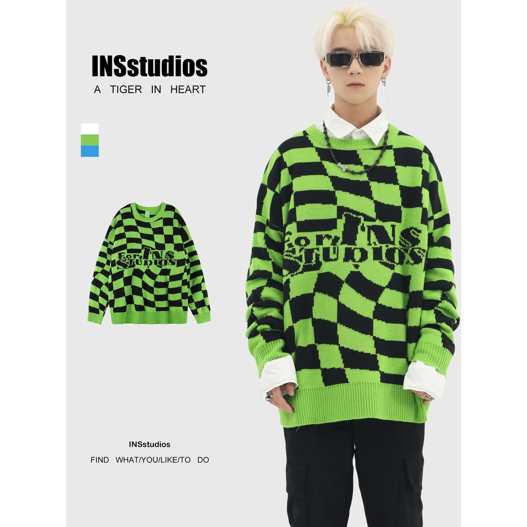 【Halcyon】LOCAL BRAND TRUNG INS áo len kẻ caro tương phản ngược