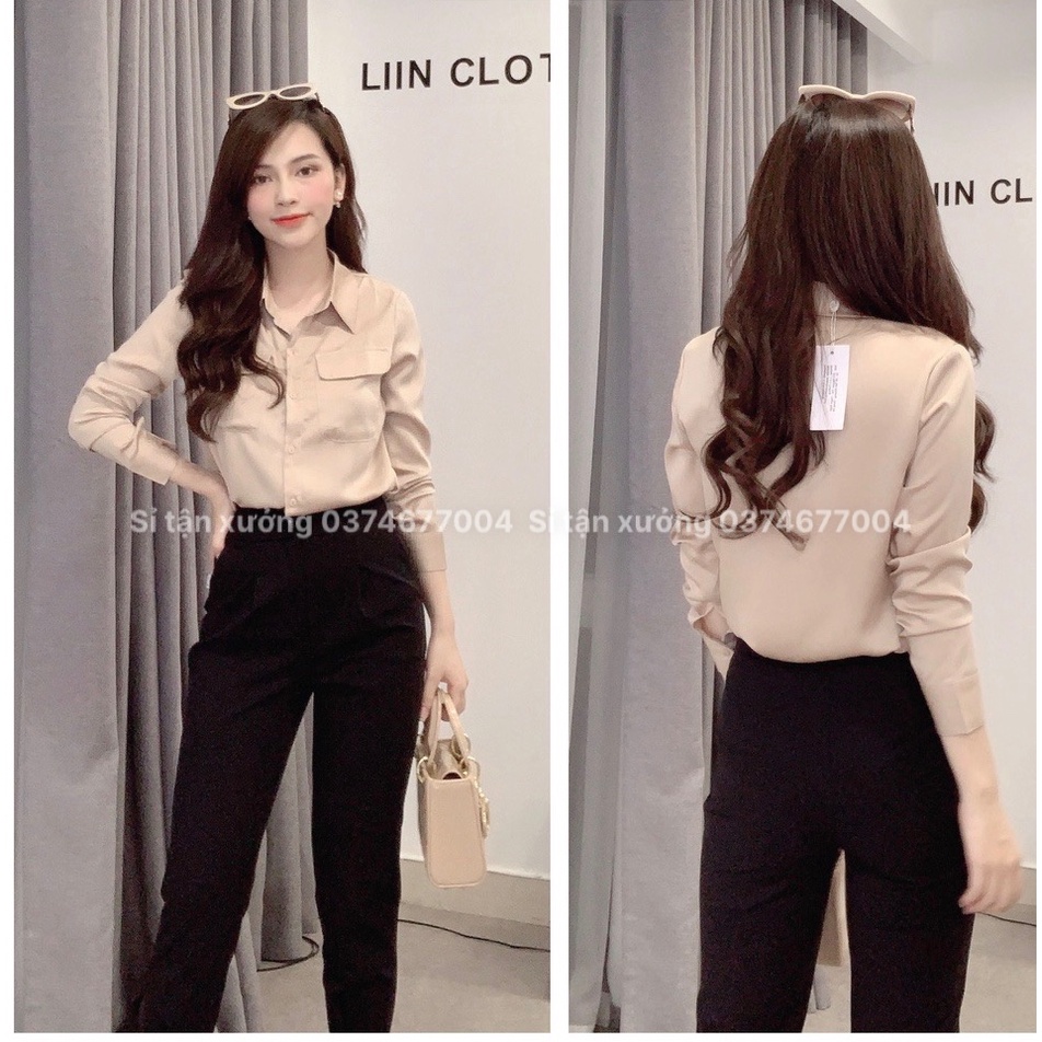 Áo sơ mi nữ lụa be form trơn basic, áo sơ mi công sở dài tay 2 túi ngực thanh lịch 376