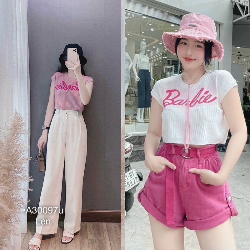 Áo len mongtoghi nữ len tăm cộc tay croptop chữ barbie kiểu A04