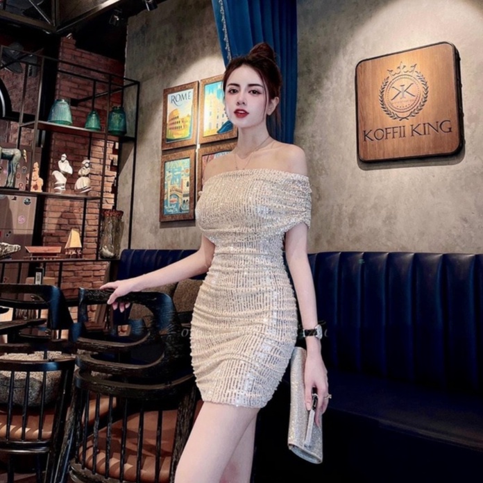 Đầm váy nữ body trễ vai vải kim sa hai lớp có kèm mút váy thiết kế sang trọng thanh lịch