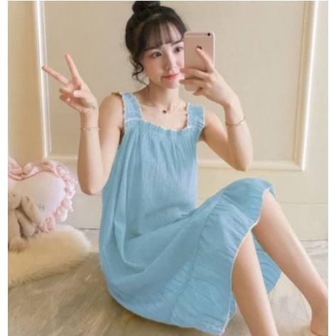 Váy ngủ 2 dây vải đũi váy mặc ở nhà mùa hè dễ thương ngọt ngào  phong cách Hàn Quốc