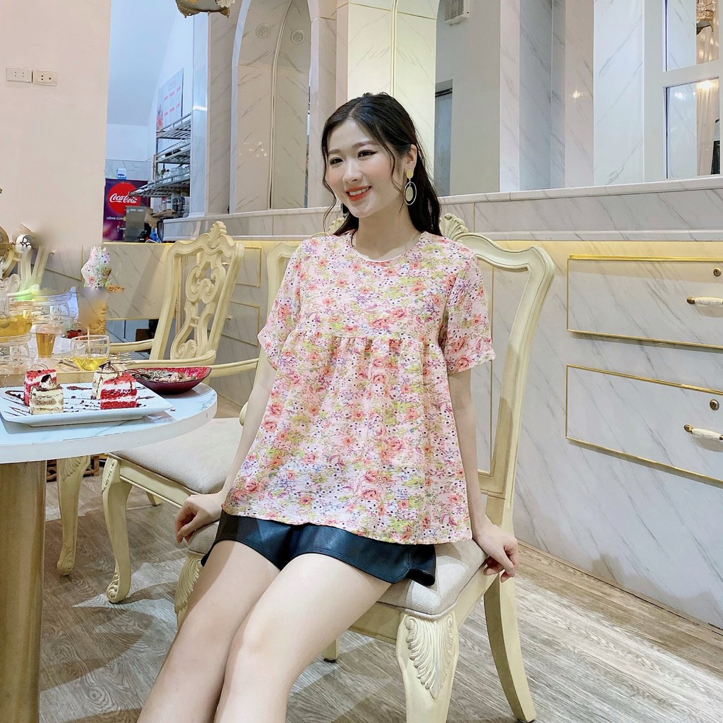 Áo Kiểu Nữ Babydoll Hoa Nhí  LAMVYVU  FREESHIP  Áo babydoll nữ hoa nhí Vintage Ulzzang chất đũi - voan 2 lớp