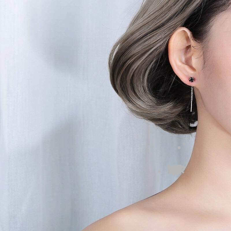 Khuyên tai bạc khuyên chấm đá tua móc xích đơn cổ điển Van Jewelry V10022