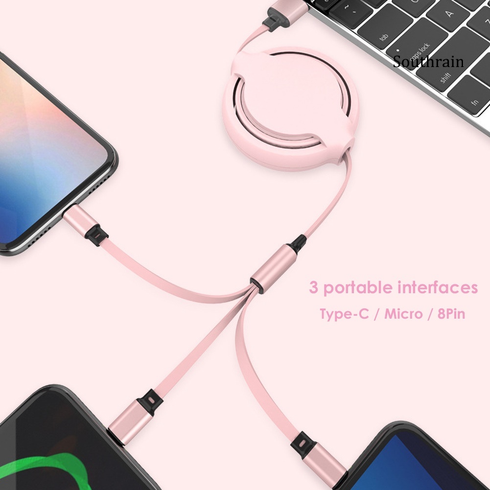 Southrain 3 in 1 Retractable Micro USB Type-C 8Pin Data Sync 3A Fast Charging Cable Cord