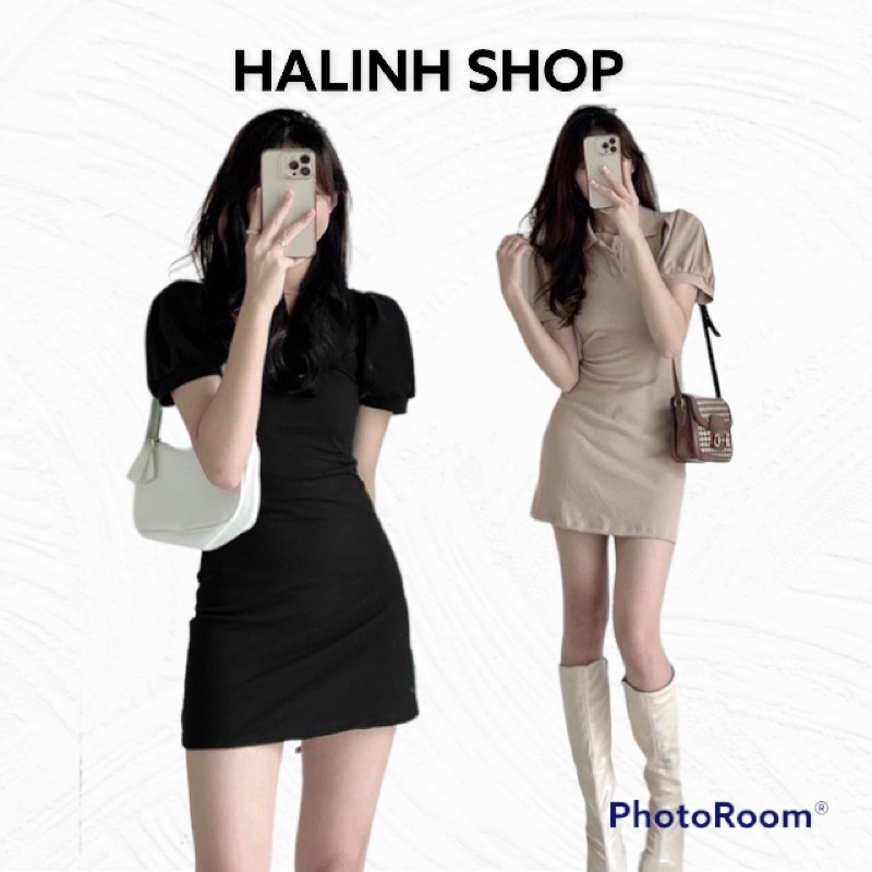Váy Đầm Polo Nữ Tay Phồng - Halinh Shop - Váy Cổ Sơ Mi Trơn Cộc Tay Body Xoè Nhẹ Phần Chân Váy size S M