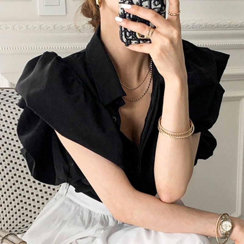 ✽☈❐Áo Kiểu Tay Phồng Cổ Bẻ Một Hàng Nút Thời Trang Mùa Hè Phong Cách Hàn Quốc Cho Nữ