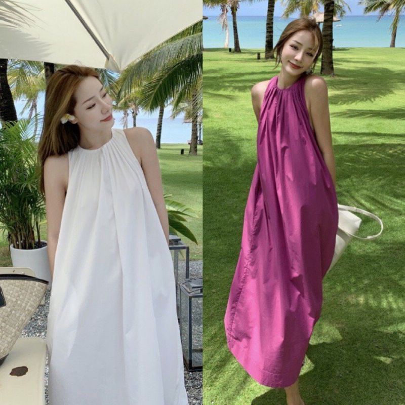Đầm Maxi Suông Nữ Form Rộng ,Váy Yếm Dài Cổ Tròn Xếp Ly Dáng Rộng ,Kate Mịn ,Màu Trắng