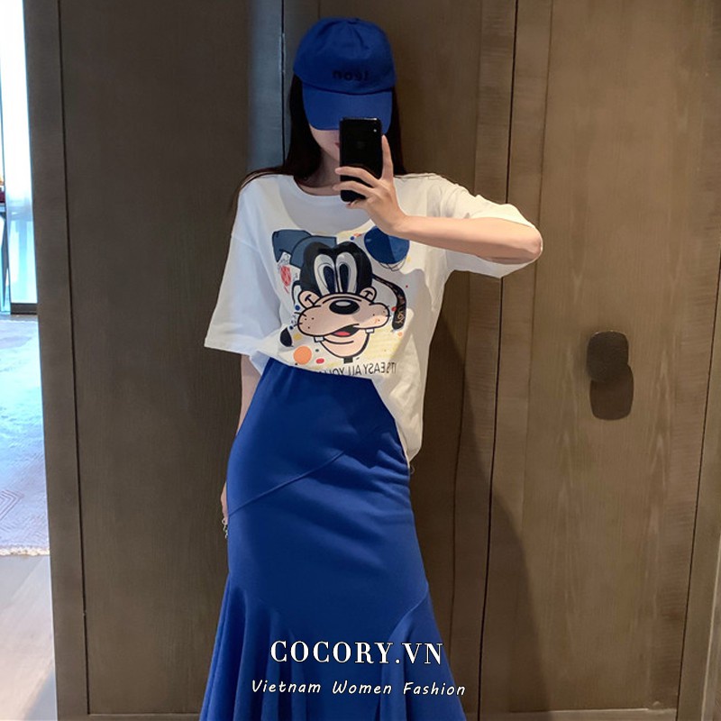 Set Áo Thun Ngắn Tay + Chân Váy Đuôi Cá Lưng Cao Thời Trang Cho Nữ