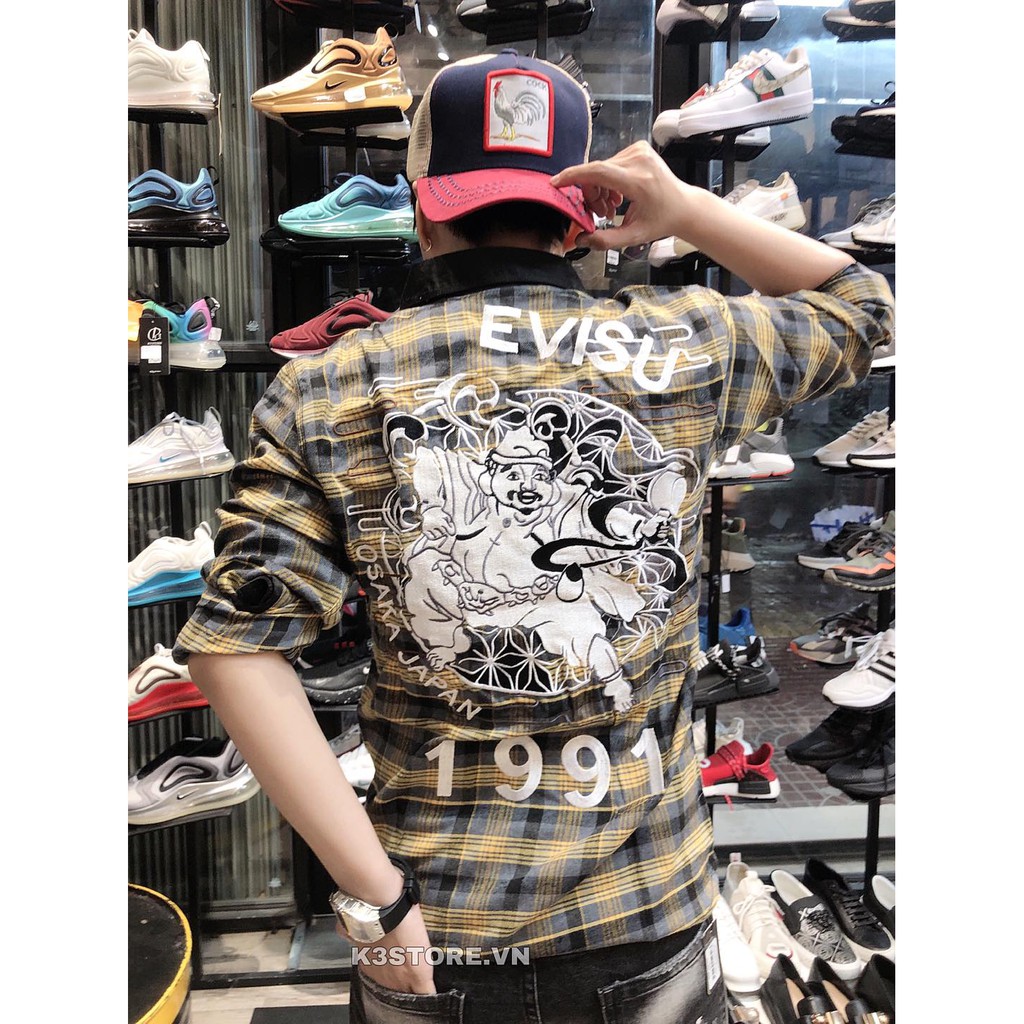 Áo thêu chữ sơ mi nam evisu thêu ông địa chỉ nổi chất kaki sơ mi caro sọc vàng đen dày dặn K3 STORE | BigBuy360 - bigbuy360.vn