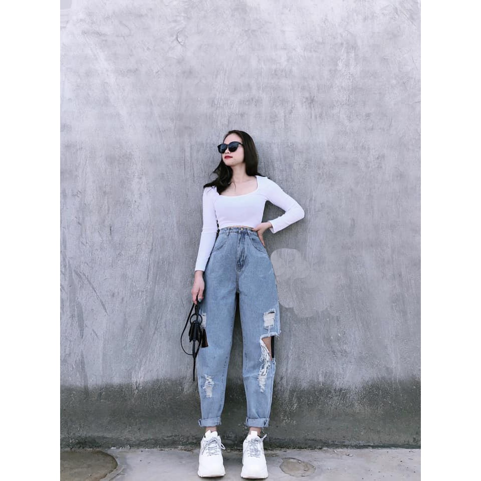 [ FREESHIP, CÓ MÀU XÁM ] QUẦN BAGGY JEAN NỮ LƯNG CAO MÀU XANH RÁCH TE TUA BÊN HÔNG CAO CẤP NITI ĐỦ SIZE-NL137