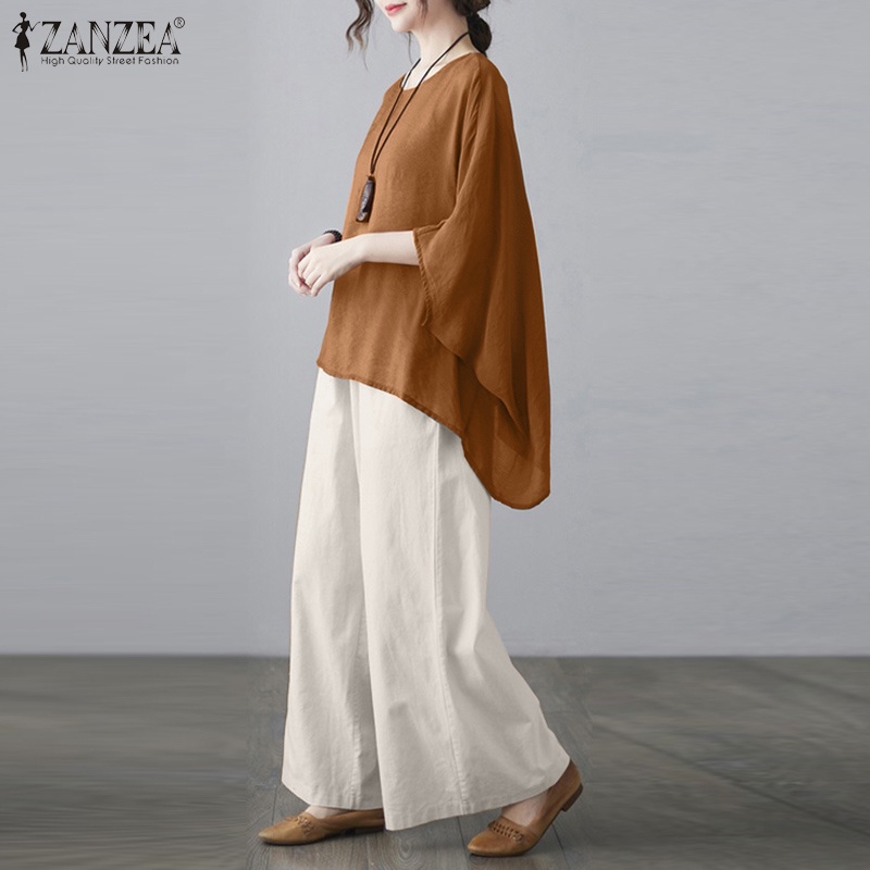Bộ quần áo ZANZEA thiết kế màu trơn cổ tròn tay cánh dơi với quần ống rộng lưng cao giãn