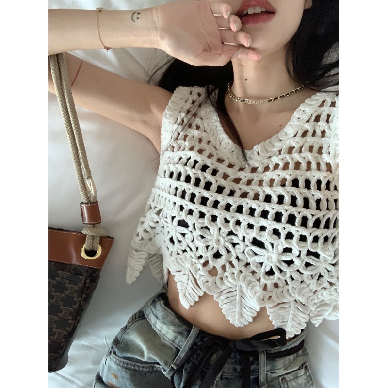 QADCOL  Áo Dệt Kim Sát Nách Dáng Rộng Thiết Kế Đục Lỗ Thời Trang Mùa Hè Hàng Mới Dành Cho Bạn Nữ