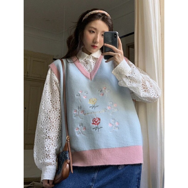 Áo dệt kim không tay thêu hoa phong cách cổ điển thời trang mới