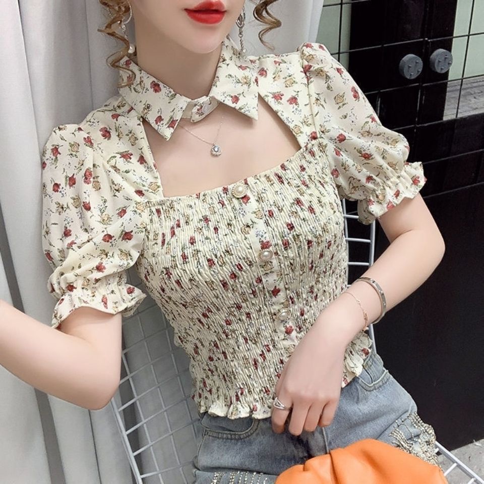 AMOI Áo Kiểu Tay Ngắn Cổ Vuông Chiết Eo In Họa Tiết Hoa Thời Trang 2022 Xinh Xắn Cho Nữ