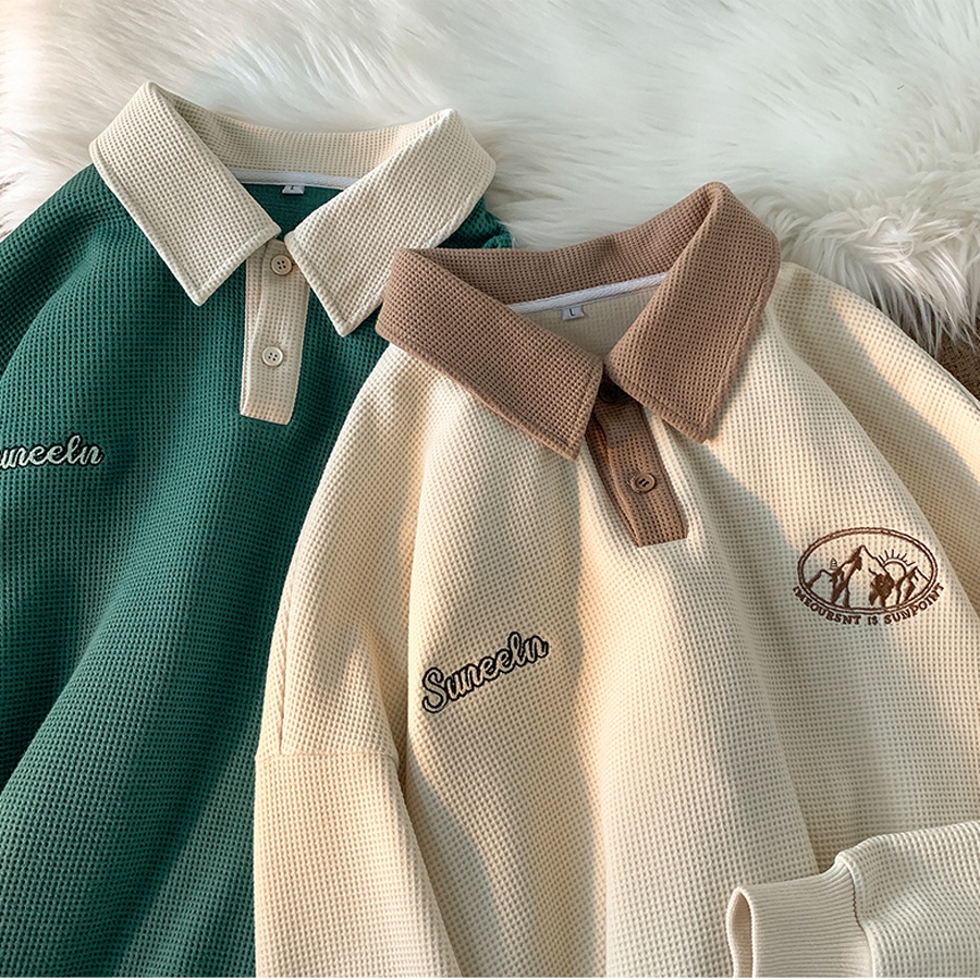 Áo sweater polo unisex - Myndi Clothes - Áo dáng rộng cổ bẻ tay dài chất vải Cotton tổ ong phong cách Ulzzang 2 màu
