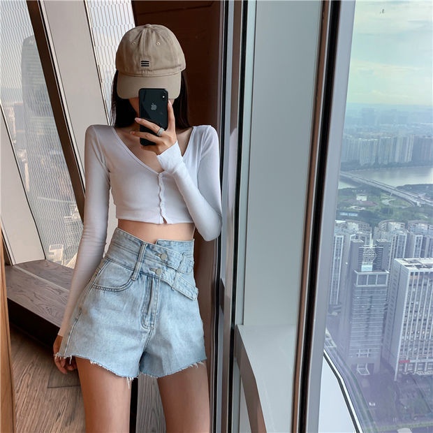 Quần Short Denim Cạp Cao Ống Rộng Mẫu Mới 2022 Thời Trang Mùa Hè Cho Nữ