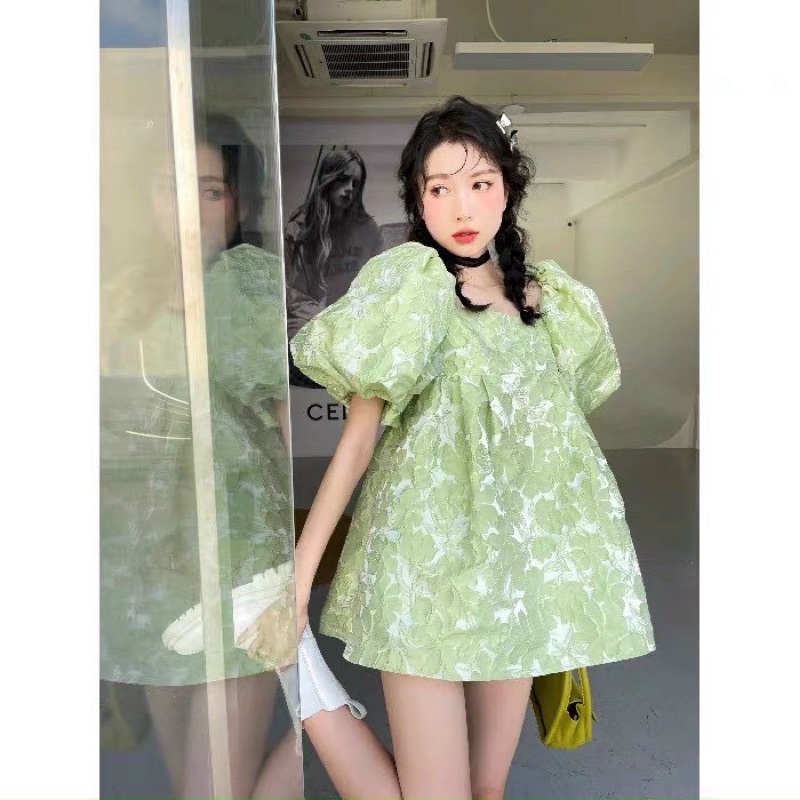 Áo baby doll thắt nơ sau vải gấm xinh
