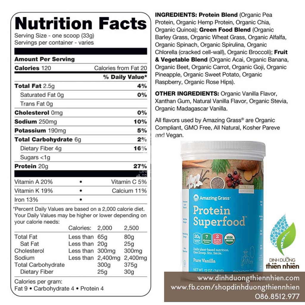 [Mã 77FMCGSALE giảm 8% đơn 500K] Bột Protein Thực Vật Hữu Cơ Amazing Grass Organic Protein Superfood Powder | BigBuy360 - bigbuy360.vn
