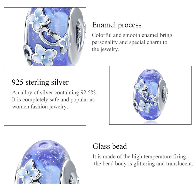 Hạt Cườm Bamoer BSC390 Bằng Bạc 925 / Thủy Tinh Màu Xanh Dương Họa Tiết Hoa Để Làm Vòng Tay Cho Nữ