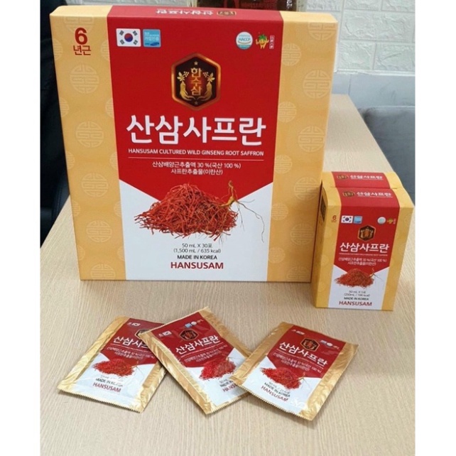 Nước Hồng Sâm Nhụy Hoa Nghệ Tây Korean Red Ginseng Saffron HANSUSAM Hàn Quốc, hộp 30 gói x 50ml
